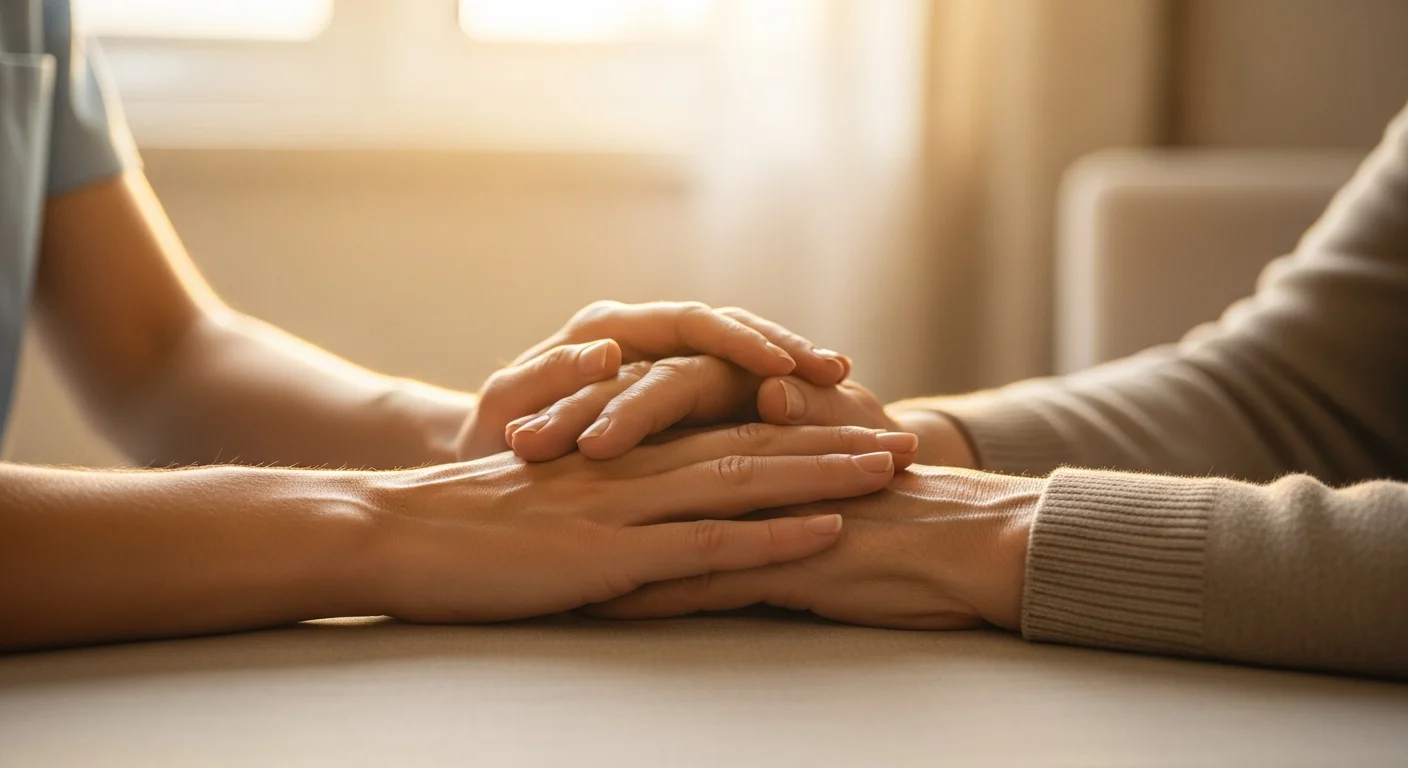 Behutsam berührende Hände — eine Pflegerin hält die Hand eines älteren Menschen